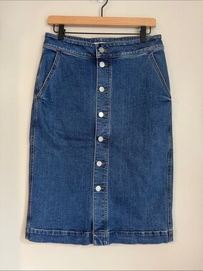 NWT LOFT Denim Midi Skirt Womens Blue Denim Cotton Stretch Front Slit 8